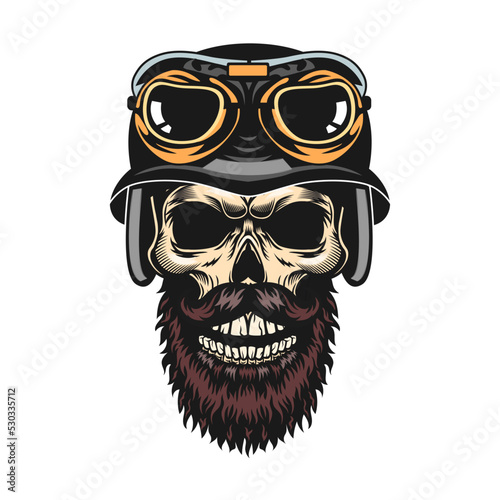Skull in helmet. Motorcyclist hat with horns and googles, vintage rock symbols. Vector illustration for tattoo templates, emblem