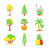 Indoor and wild plants - line design style objects set