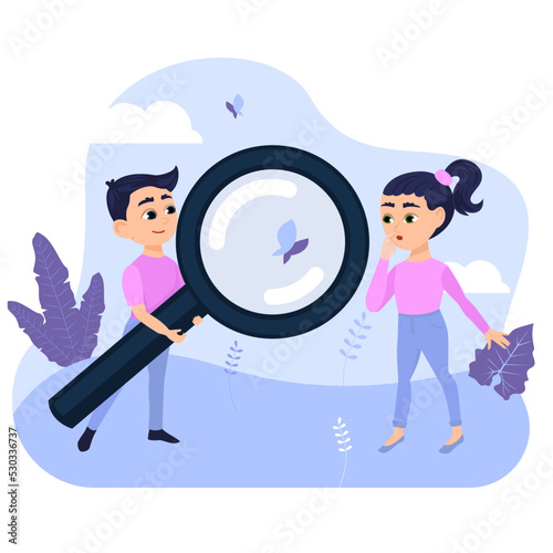 Children looking at nature through magnifier. Cute girl and boy spending time outdoor. Flat vector illustration. Students or little scientists learning biology. Discovery, nature, exploring concept