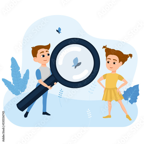 Children looking at nature through magnifier. Cute girl and boy spending time outdoor. Flat vector illustration. Students or little scientists learning biology. Discovery, nature, exploring concept