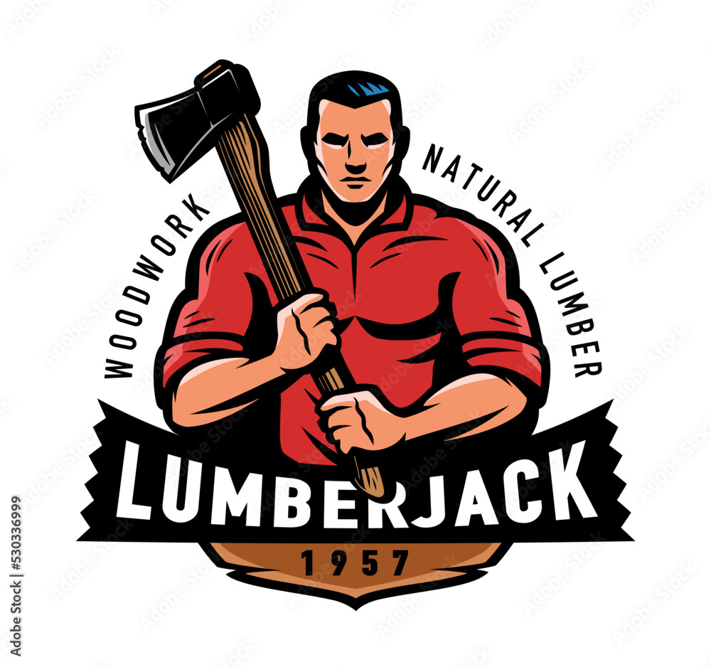 Lumberjack with axe emblem. Wood industry, logging logo and mascot. Woodwork, natural lumber label vector illustration