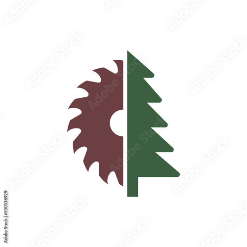 Circular saw blade and conifer tree. Vector logo. Isolated illustration on white background.