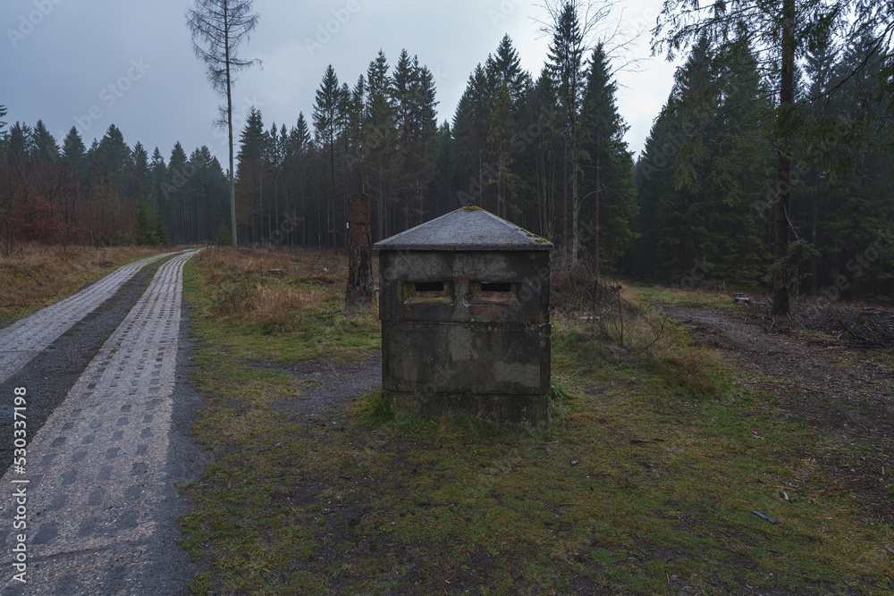 Erdbunker und Beobachtungsturm mitten im Wald gelegen Stock Photo
