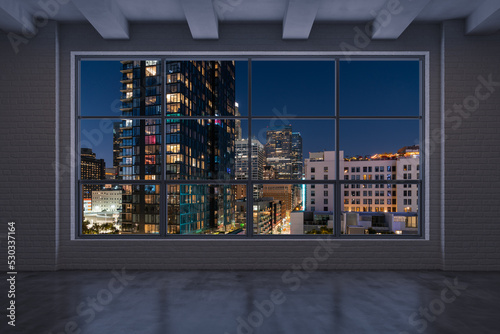 Downtown Los Angeles City Skyline Buildings from High Rise Window. Beautiful Expensive Real Estate overlooking. Epmty room Interior Skyscrapers View Cityscape. Night California. 3d rendering.