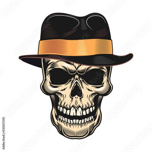 Colored skull badge. Scary skull with gentleman cap isolated vector. Design and racer tattoo