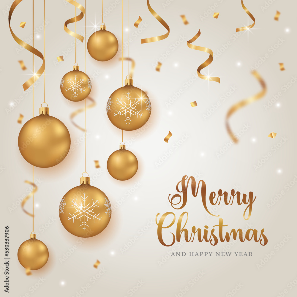 Light Christmas background with golden balls, serpentine and confetti. Vector illustration