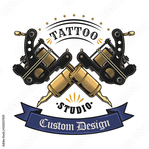 Tattoo emblem. Logos with cross guns isolated vector illustration. Tattoo studio