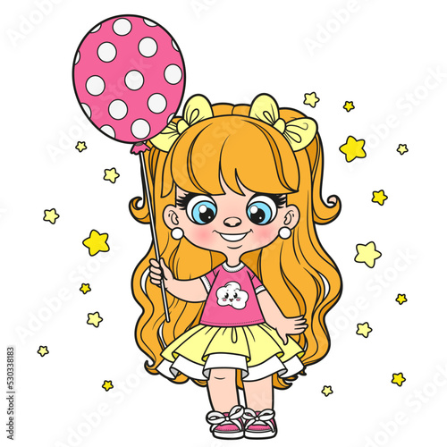 Cute cartoon longhaired baby girl with a polka dot balloon in hand color variation for coloring page on a white background