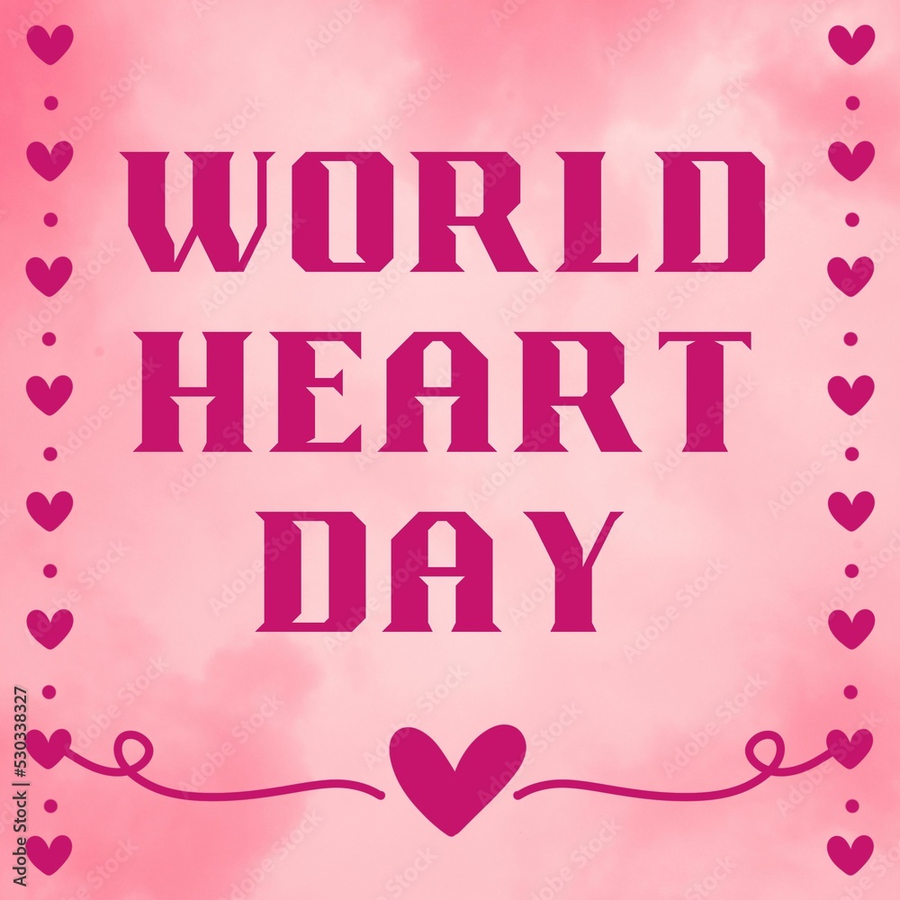 Square frame of pink poster / card saying world heart day 2022 with illustrations of heart border as decoration Square frame of pink poster / card saying world heart day 2022 with illustrations of heart border as decoration