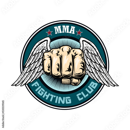 Fight club with fist flat label. Boxing and fighting club emblem with angry dog or muscular arm isolated vector illustration. Kickboxing, sport, martial arts and design elements concept