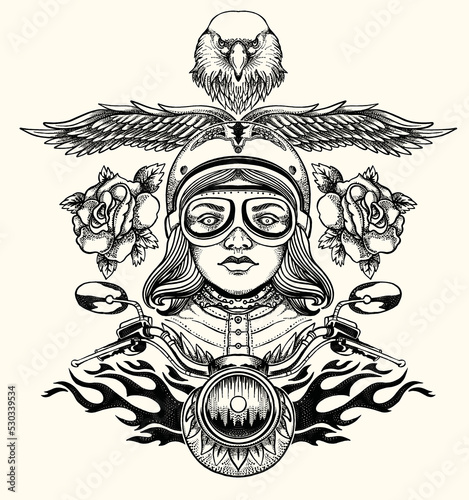 motorcycle girl. Illustration design surrounded by eagle, wings and roses. 