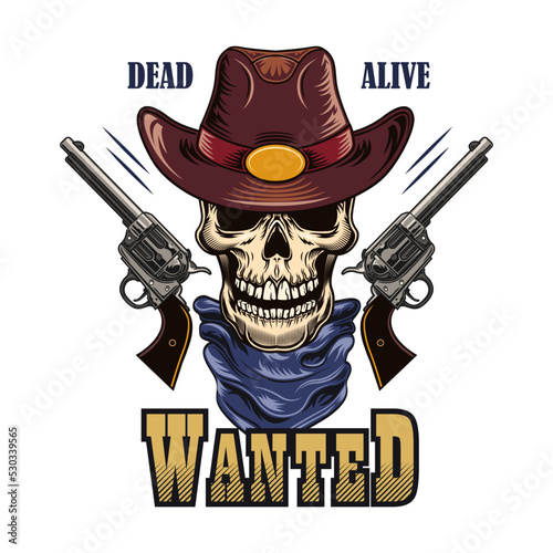 Vintage wild west flat sign. Colorful saloon or rodeo emblems and labels with cowboy skulls, guns and boots vector illustration. Wanted placard and sheriff department design concept