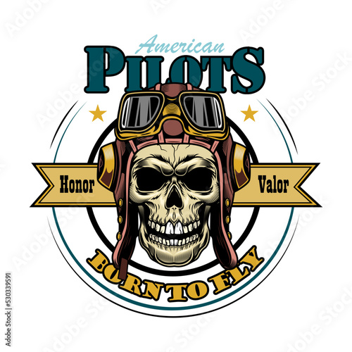 Army emblem. Template label with skulls in pilot helmets or soldier hats, air force eagle wings, text and ribbons. Vector illustrations isolated on black