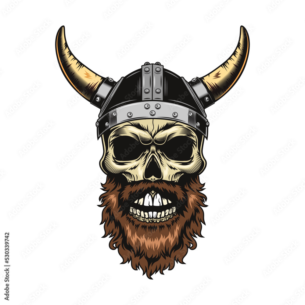 Viking skull. Medieval warrior head in horns helmet. Vector ...