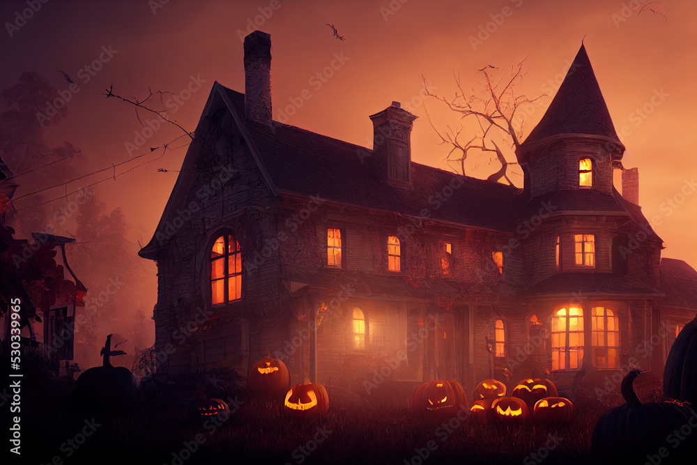 Scary haunted house with halloween pumpkins. High quality 3d illustration