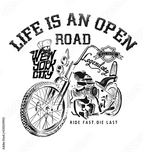 Motorcycles and typography. Stamp effect.Printing for clothing 