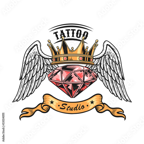 Vintage tattoo studio emblem. Retro logos with cross guns, skulls in crown, skeleton, rose isolated vector illustration. Tattoo studio and design elements concept