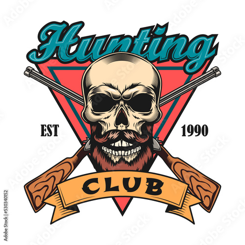 Animal hunting sign. Hunting club label with crossed guns, skull, deer or hunter dog vector illustration. Nature and wild adventure