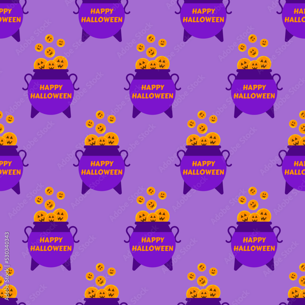 Witch cauldron seamless pattern. Cauldron with magic potion and colorful bubbles. Halloween pumpkin, Jack o lantern. Design for print on wallpaper, wrapping paper, party invitation.Vector illustration Witch cauldron seamless pattern. Cauldron with magic potion and colorful bubbles. Halloween pumpkin, Jack o lantern. Design for print on wallpaper, wrapping paper, party invitation.Vector illustration