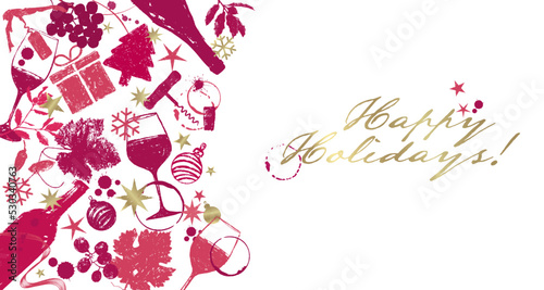 Hand drawn illustrations of Christmas and wine symbols on white background