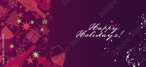 Hand drawn illustrations of Christmas and wine symbols on red background