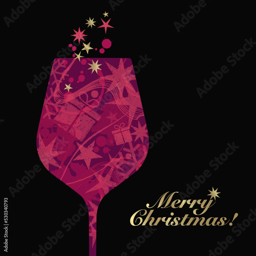 Silhouette of glass with background symbols of wine and Christmas