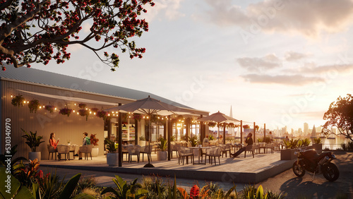 cafe on the embankment resort in the evening with seaside and town 3d rendering photo
