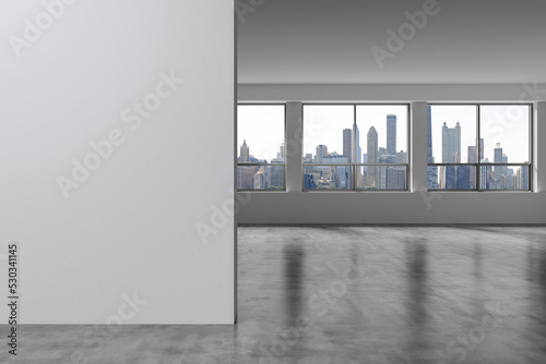 Downtown Chicago City Skyline Buildings Window background. Copy space white wall. Empty room Interior Skyscrapers View. Mockup concept. Day time. 3d rendering.
