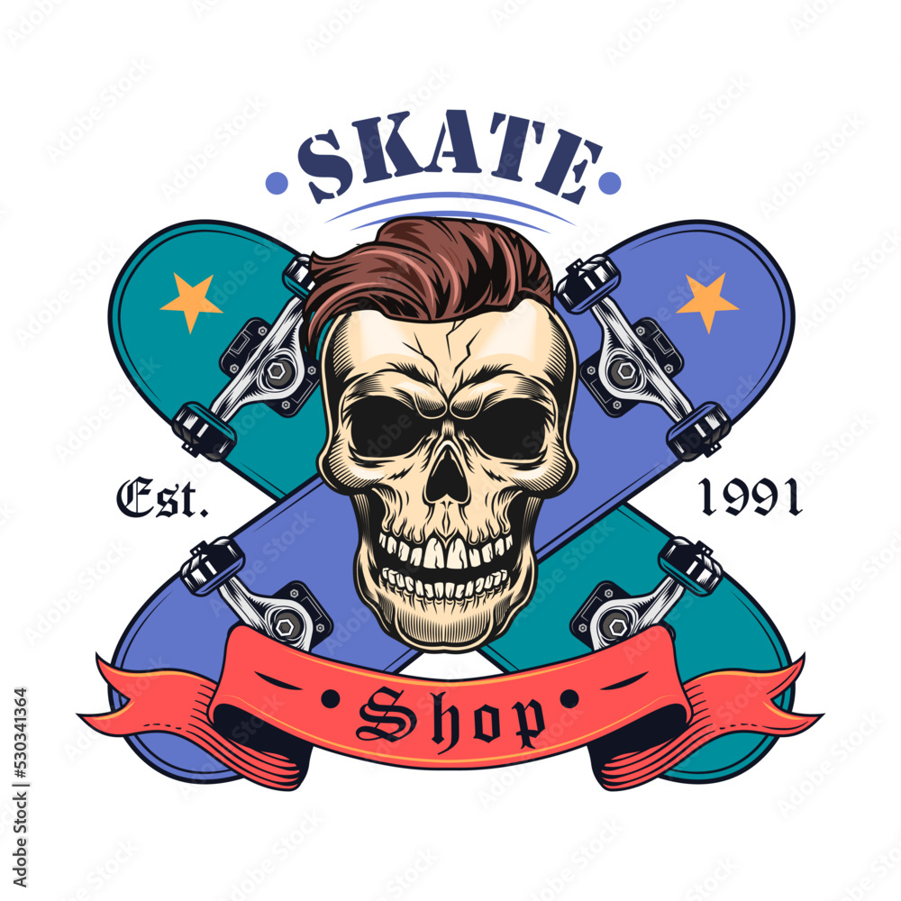 Vintage skateboarding flat label. Colored skateboard tattoo with skull, skeleton, tire of wheel and angel wings vector illustration. Male beauty and self care concept