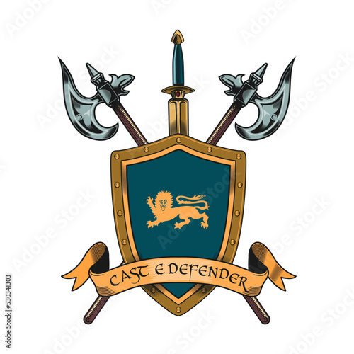 Medieval knight accessories. Helmets, shields, axes illustrations isolated on beige background. For military, fight, or sport team label templates