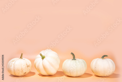 Podium or pedestal with pumpkins for products display or advertising for autumn holidays. Trendy pedestal and stand mock up composition with decorative berry and pumpkins on beige background