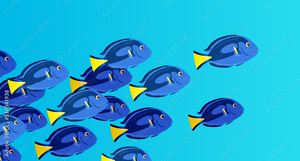 School of Blue tang or Regal tang swims in ocean. Shoal of fish swimming  under water of sea. Coral reef dweller. Stock Vector | Adobe Stock