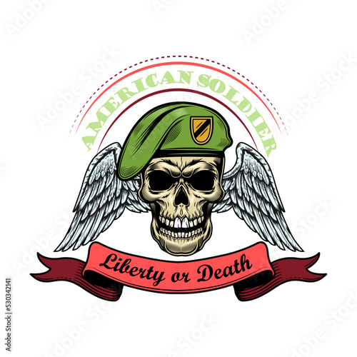Army emblem. Label with skulls in pilot helmets or soldier hats, air force eagle wings, text and ribbons