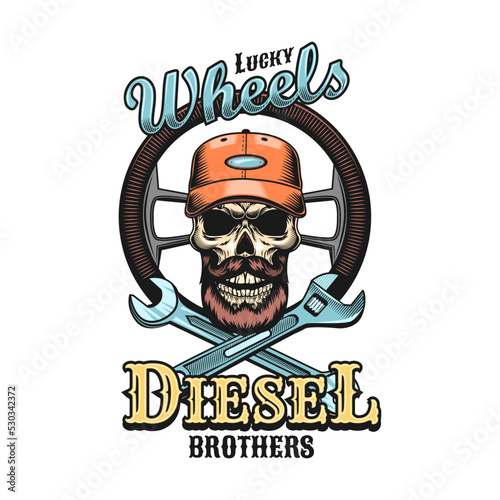 Driver emblem. Bearded skull in cap holding steering wheel or spanners with keep on trucking or diesel brother text. Vector illustrations for shipping, trucker
