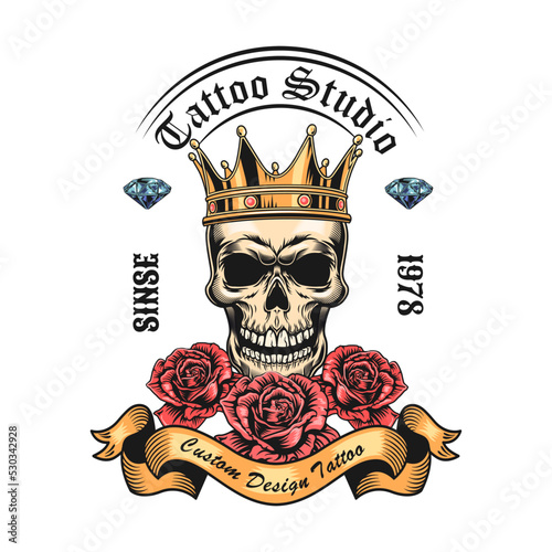 Tattoo emblem. Retro logos with cross guns, skulls in crown, skeleton, rose isolated vector illustration. Tattoo studio and design elements concept