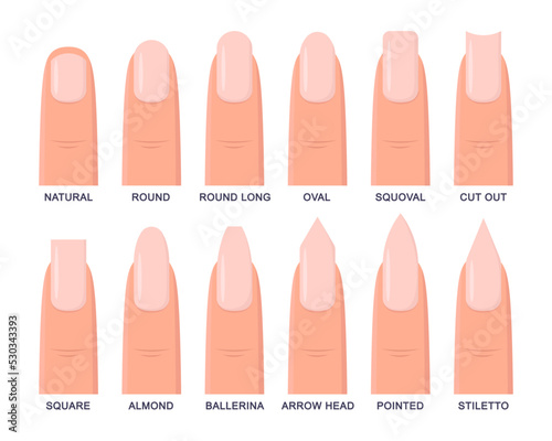Different shapes of fingernails vector illustrations set. Collection of cartoon drawings of pink nails of round, square, oval shapes isolated on white background. Nail art, beauty salon concept