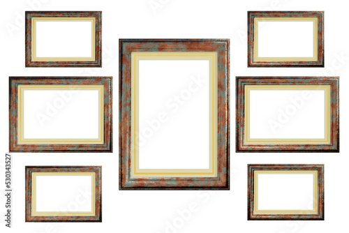 Set of 3d vintage photo frames on the wall. 3d illustration. Realistic gold, silver and black rusty picture boxes. square blank mockup template home interior