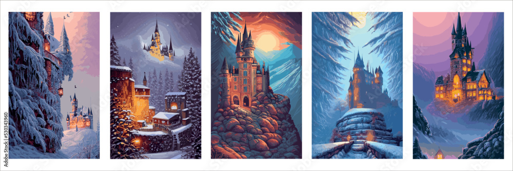 Castle background winter snowy forest. Snow, snowflakes. Winter landscape. Vector illustration kids with fairytale castle winter landscape snowy weather with snowfall. mysterious castle set poster - obrazy, fototapety, plakaty 