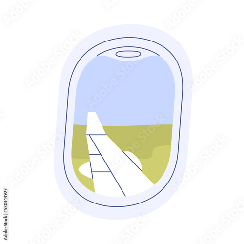 Sky, earth view through plane window. Summer landscape in airplane porthole. Aircraft wing, day scene outside of airliner during flight, landing. Flat vector illustration isolated on white background
