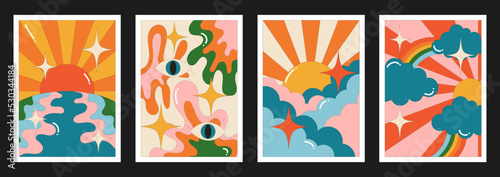 90s groovy posters. Cartoon psychedelic style. Bright hippie characters and retro elements. Trip landscapes with mountains  sun rays  planet  trip wave. Vector collection