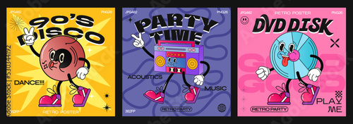 90s retro disco cartoon characters. Fashion poster. funny colorful characters in doodle style, disco ball, vinyl, tape recorder, dvd disc. Vector illustration with typography elements