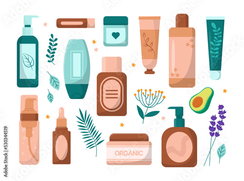 Organic products for skincare flat vector illustrations set. Collection of drawings of tubes, bottles and jars of natural cream isolated on white background. Skin care, cosmetics, beauty concept