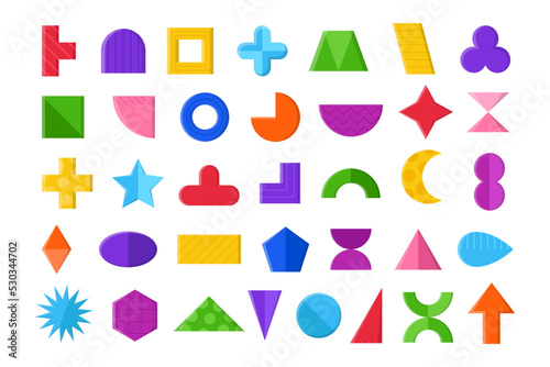 Different basic shapes for children vector illustrations set. Cartoon drawings of figures or forms for preschool kids, circle, cross, square, triangle on white background. Education, geometry concept