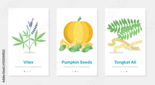 Vertical vector banners with nutritional food supplements. Isolated onboarding templates with herbs and vegetables