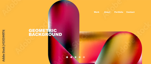 Glassmorphism landing page background template. Colorful glass shapes with metallic effect abstract composition for wallpaper, banner, background