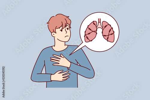 Unhealthy man suffer from lungs disease need medical help. Unwell male struggle with breathing disease. Healthcare concept. Vector illustration. 
