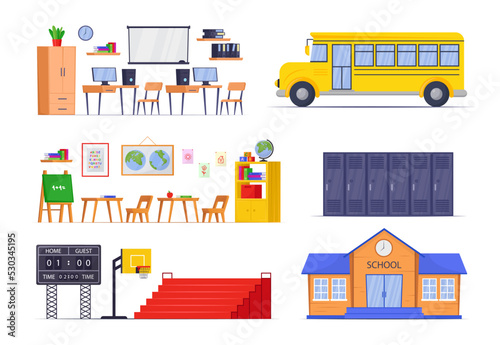 Facilities for school children vector illustrations set. Public bus, sports stadium or playground, school building entrance, schoolrooms for geography or environment studies. Education concept