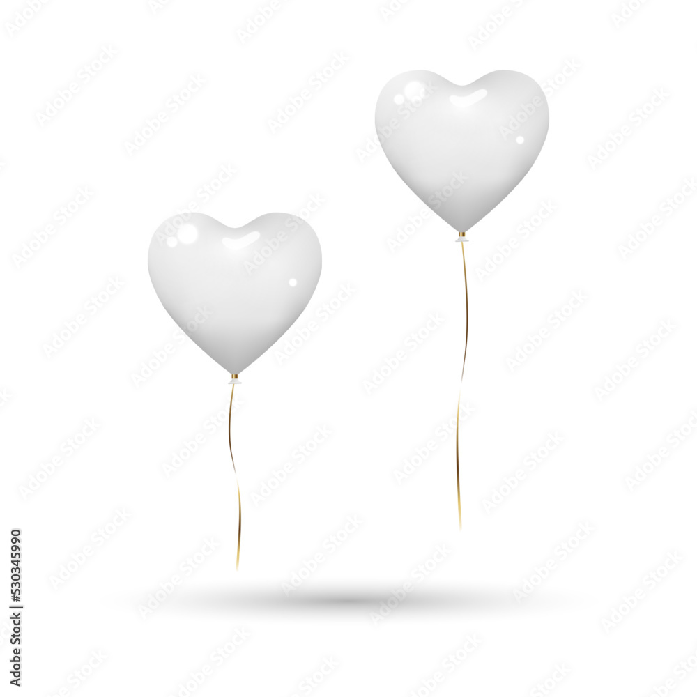 Heart balloons in white solid colour with gold ribbons. Isolated on white background with shadow, mockup template object. Realistic 3D vector illustration. Heart balloons in white solid colour with gold ribbons. Isolated on white background with shadow, mockup template object. Realistic 3D vector illustration.