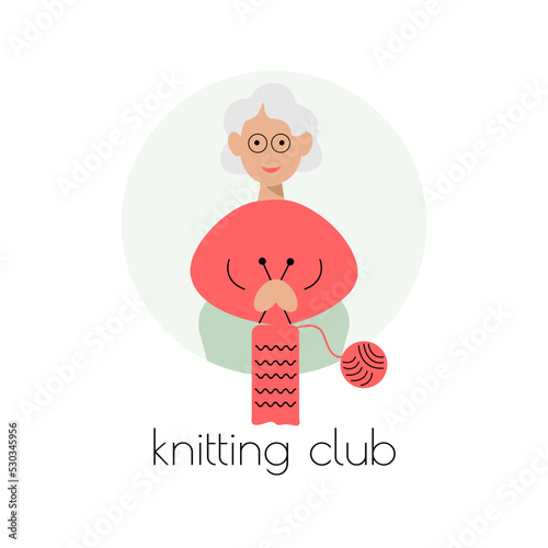 Knitting Club logo. Happy grandmother hoding knitting needles. Illustration for themed clubs, magazine articles. Vector .