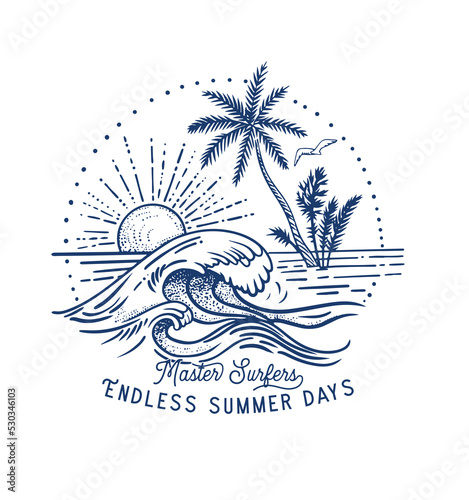 Palms, beach, big waves and sun simple minimal illustration with Big Wave . vector illustration for t-shirt and other uses.